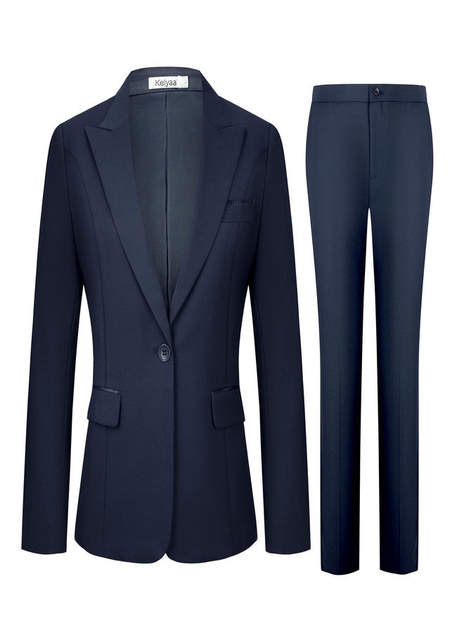 Kelyaa Women's 2 Piece Business Office Suit Lady Peaked Lapel Slim Fit One Button Blazer Jacket and Pants Set Navy Blue - Image 2